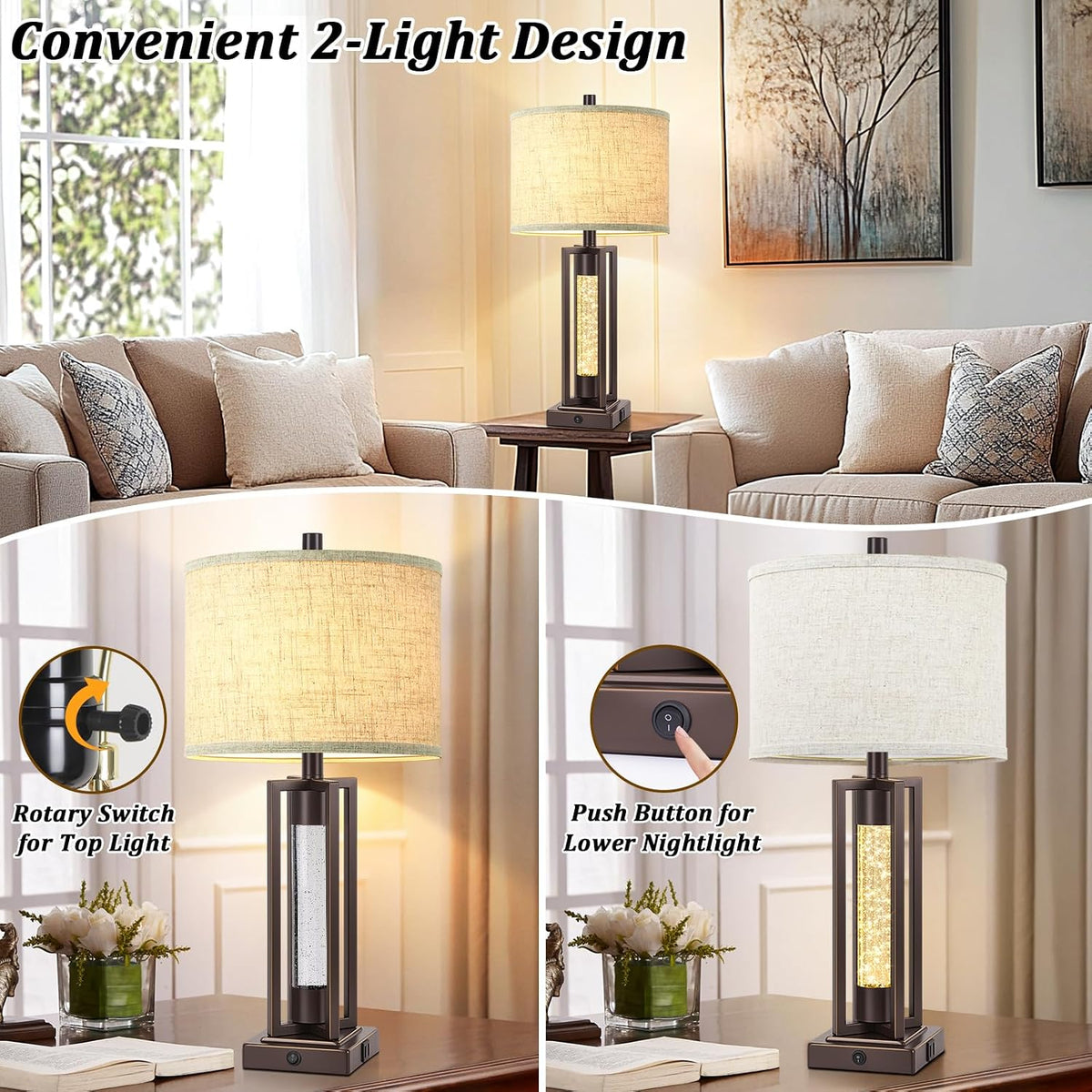 TOBUSA 26" Brown Farmhouse Table Lamps Set of 2 with Crystal Night Light