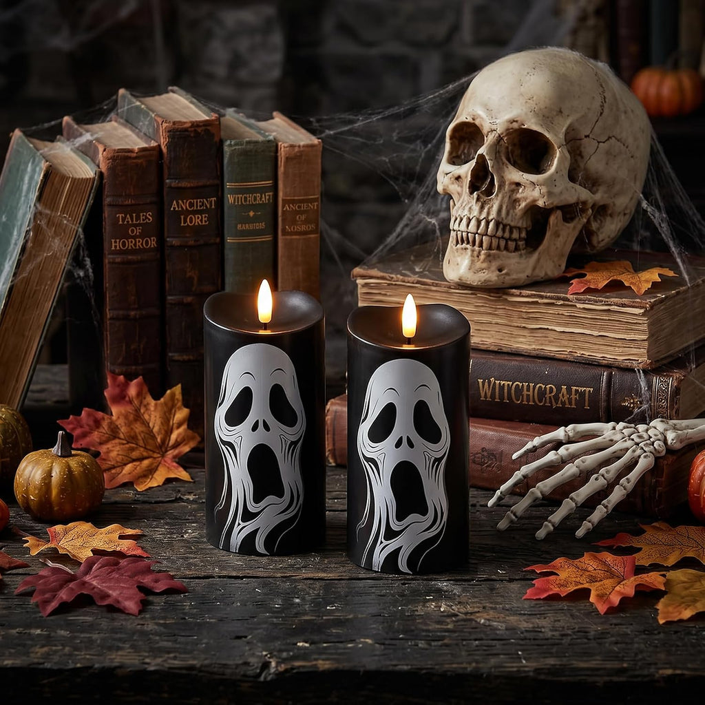 Halloween Black Flameless Pillar Candles with Ghost Decals, 2PCS