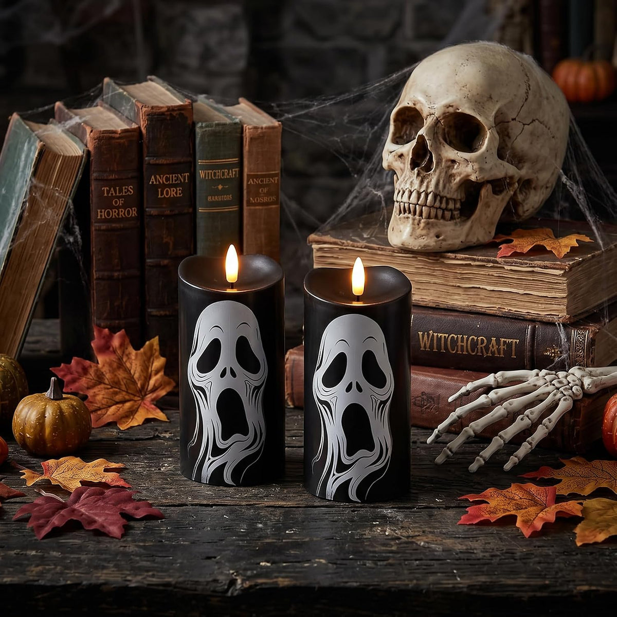 Halloween Black Flameless Pillar Candles with Ghost Decals, 2PCS