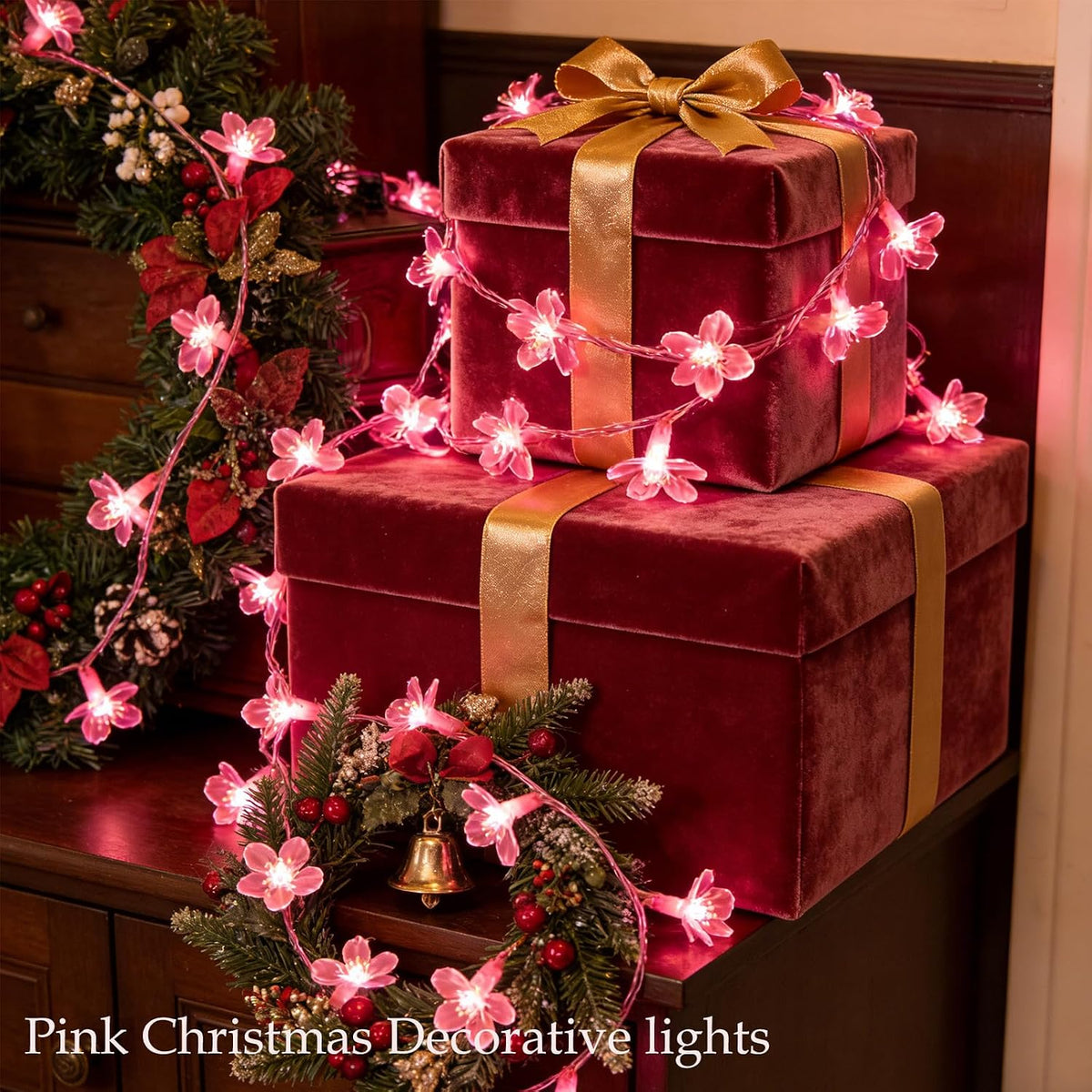 33ft 100 LED Plug in Pink Fairy Flower Holiday String Lights for Dorm Decor