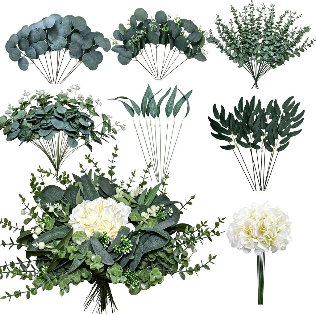 NULLEINS 150Pcs Artificial Eucalyptus Greenery Stems Bulk with Hydrangea
