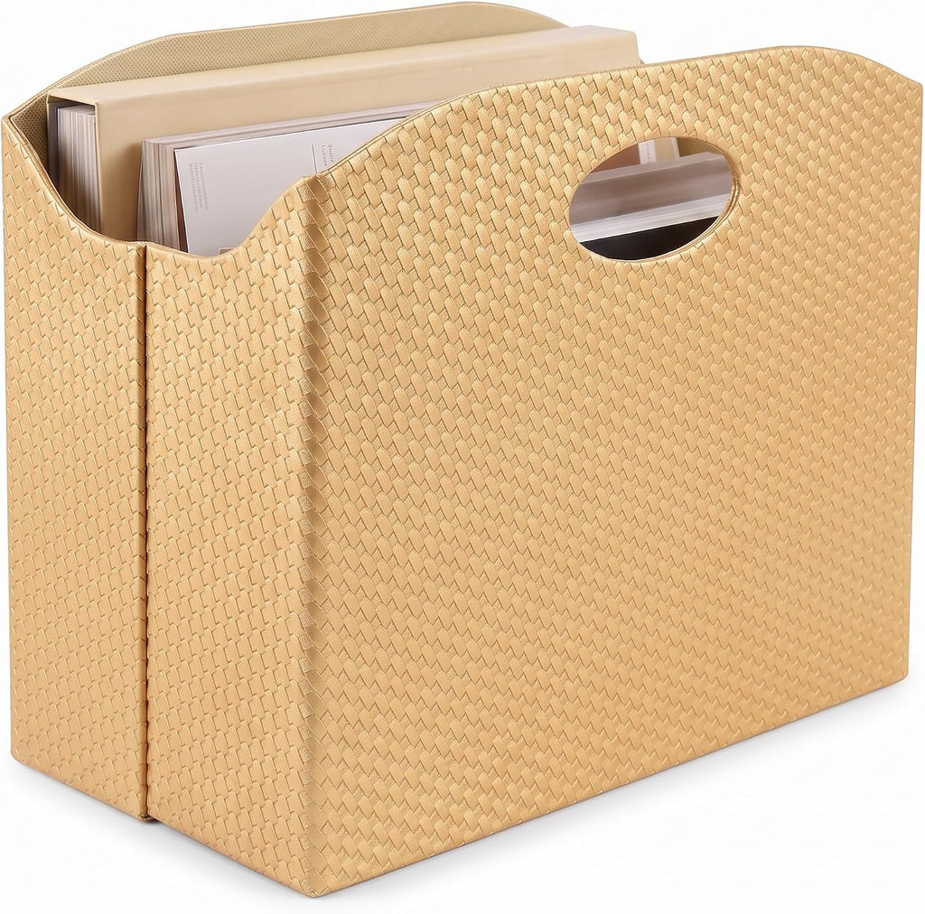 BLU MONACO | Gold Magazine Holder | Woven PVC Leather Organizer with MDF Frame | Floor or Table Storage for Home Office Bathroom | Large Capacity Vertical File Basket