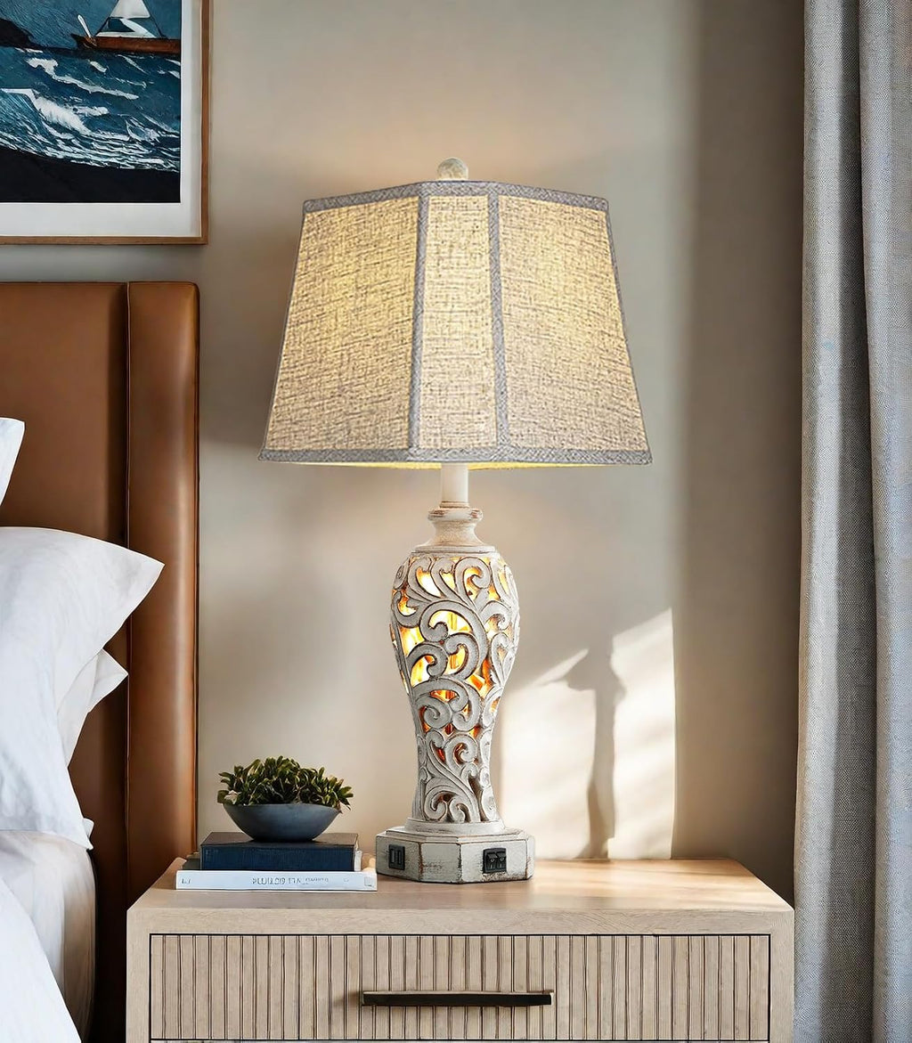 25'' Farmhouse Table Lamp for Living Room Bedroom with USB C+A