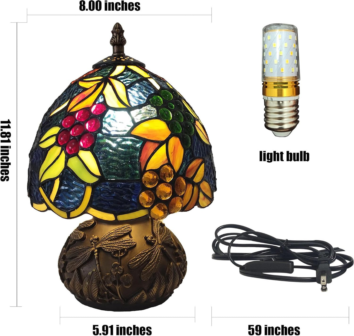 Tiffany Lamp Grapes Beads Stained Glass Style Bedside Reading Table Lamp Village Bedroom Nightstand Light 19inch Tall Office Home Decor Retro Unique Accent Light