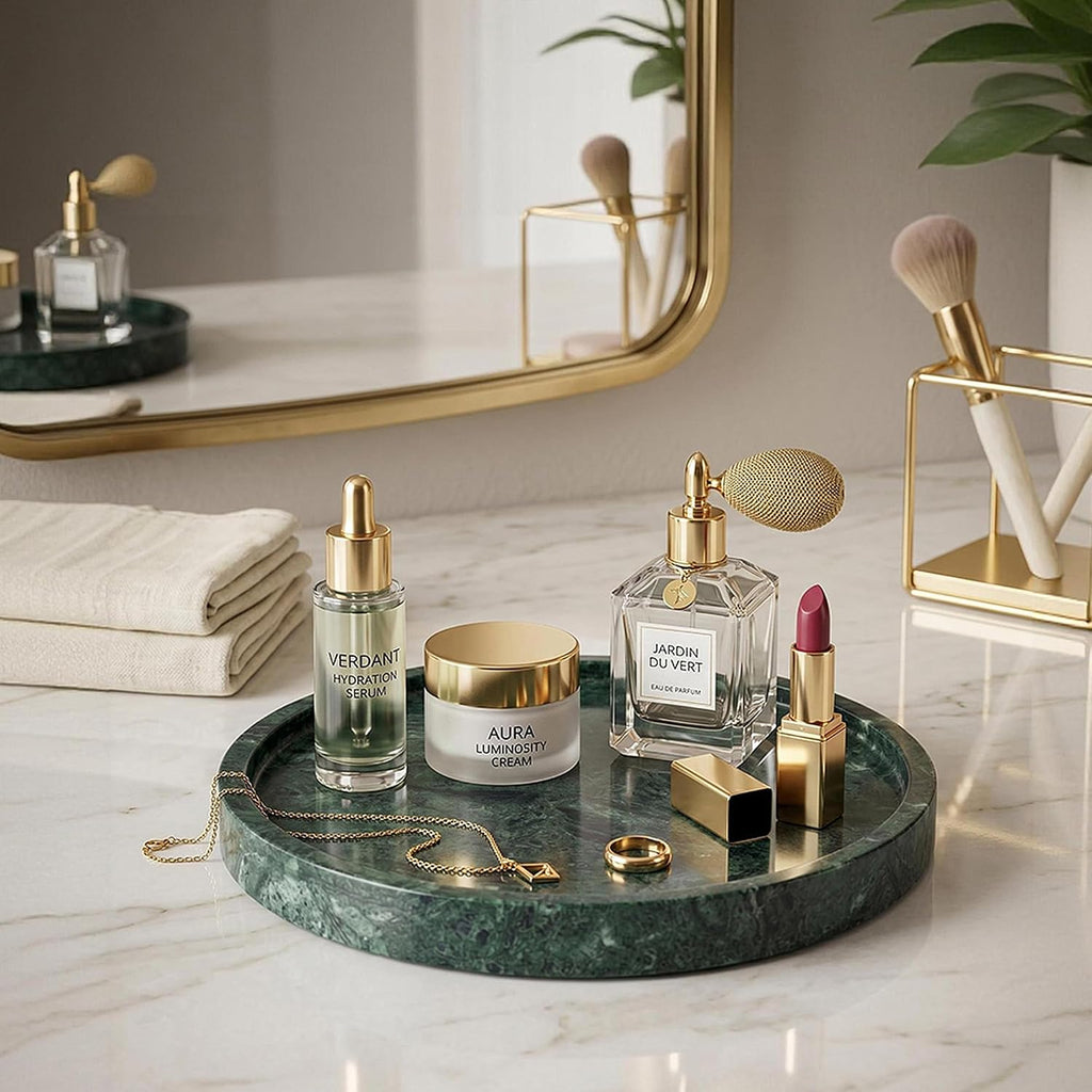 Natural Marble Decorative Tray for Bathroom Bedroom Kitchen, Large 10.6" Round Vanity Trays for Jewelry, Perfume, Cosmetic, Candle, Countertop Storage Organizer for Home Decor Green (WH110)