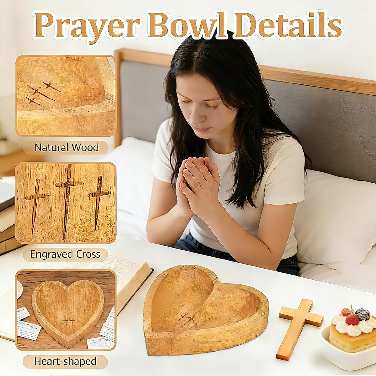 8 Inch Wooden Heart Prayer Bowl with 12 Cards, Rustic Cross Carved Decor