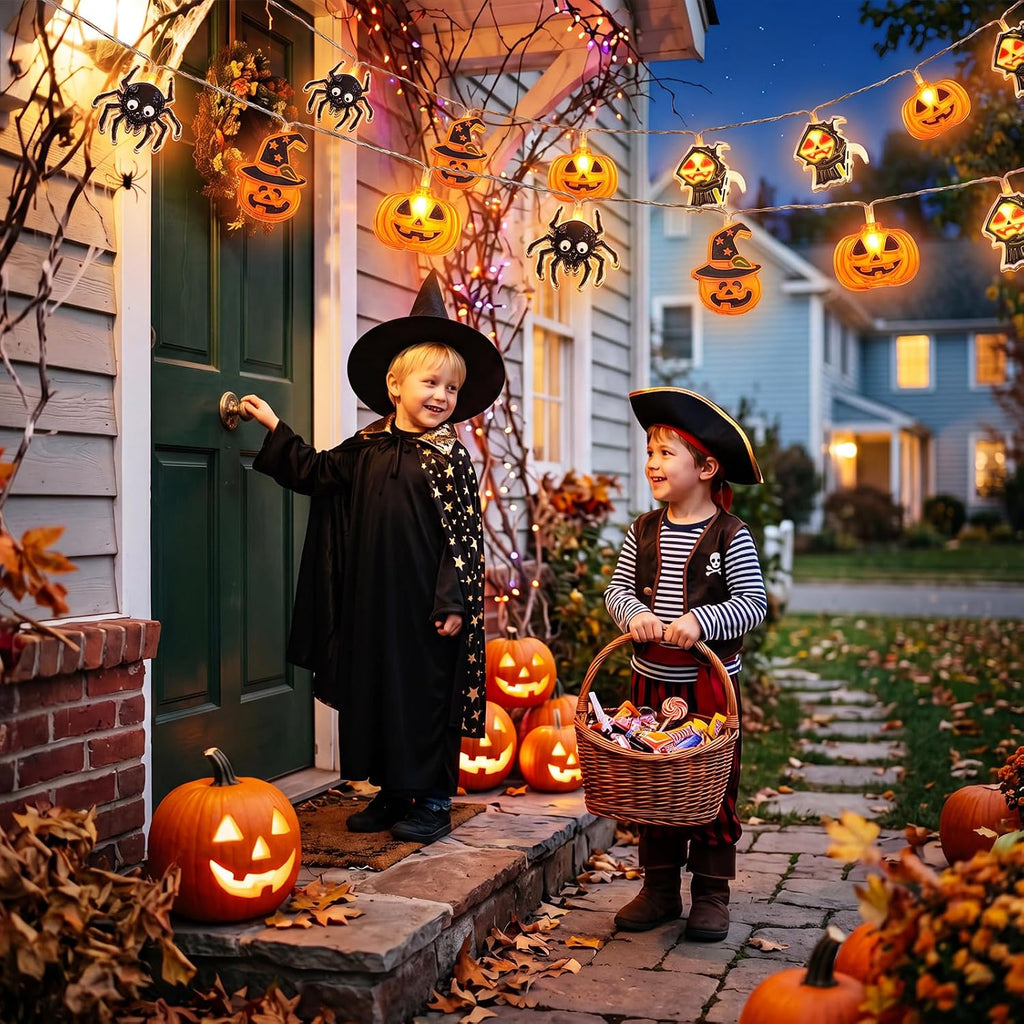 Halloween String Lights Indoor: 16.4 FT 30 LED Battery Operated Pumpkin Skeleton Spiders Lighted Decorations – 8 Modes Waterproof Timer for Window Porch House Room Bedroom Party Decor