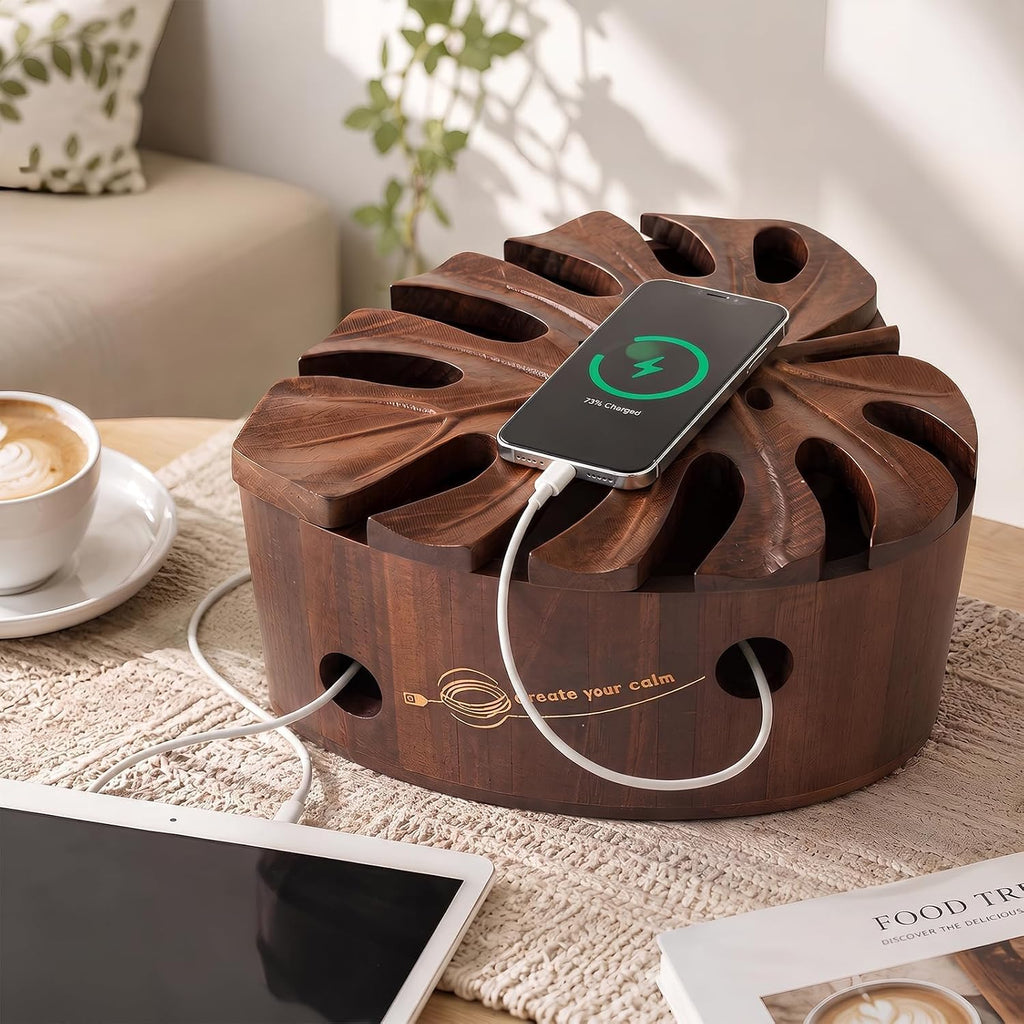 Acacia Wood Cable Management Box, Wooden Hider & Organizer for Power Strip