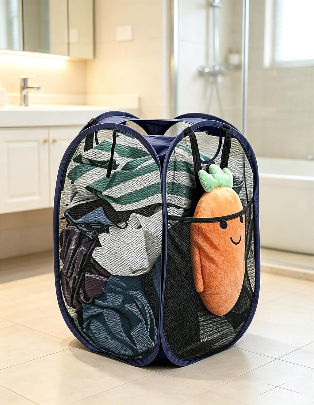 HOUSE AGAIN Strong Mesh Pop Up Laundry Hamper, 70L Collapsible Laundry Basket with Steel Frame, Double‑Stitched Handles & Side Pocket, Foldable Dirty Clothes Hamper for Dorm, Bedroom, Blue