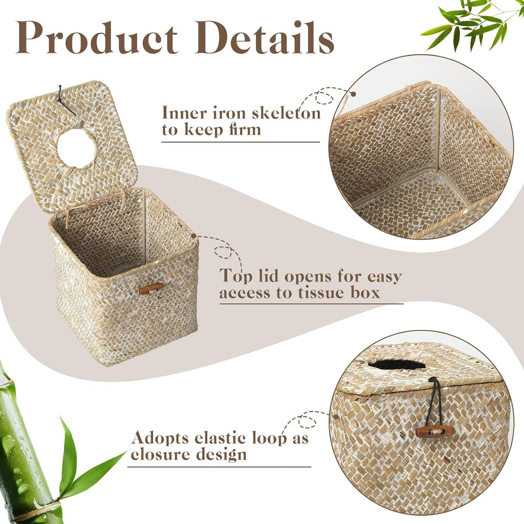 4 Pack Seagrass Tissue Box Cover Square Woven Tissue Box Holder Square Boho Decor Tissue Holder with Lid Farmhouse Tissue Box Cover for Toilet Bathroom Living Room Kitchen Bedroom Office Dorm