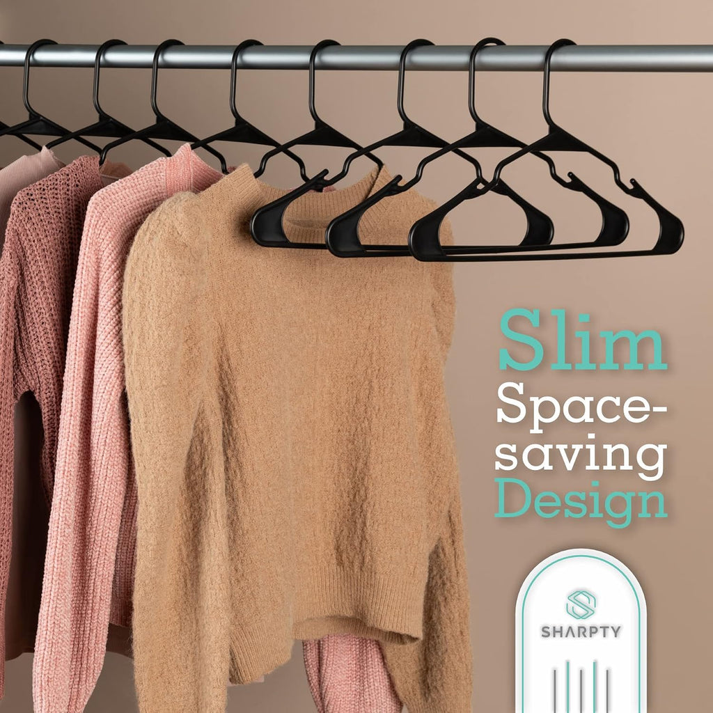 Sharpty Plastic Hangers Clothes Hangers for Clothing, Closet, Coats & Shirts - Notched, Durable & Space Saving - for Everyday Standard Use, Room Essentials & Basics - 50 Pack - Black