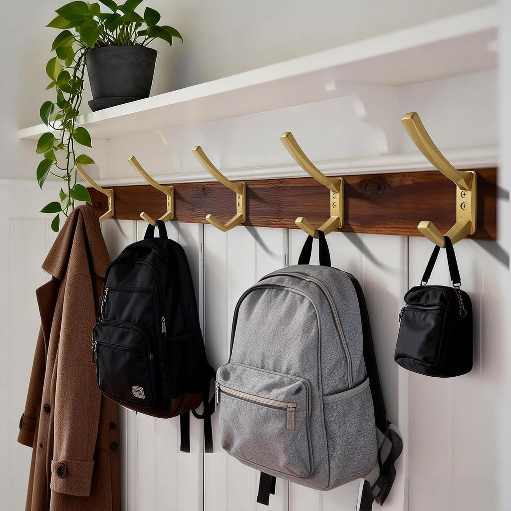 Heavy Duty Wall Hooks, 5 Inch Large Wall Mount Hooks for Hanging Heavy Backpacks, School Bags, Winter Coat, Handbags, Purses in Entryway, Hallway, Garage, Bathroom, Laundry (6, Gold)