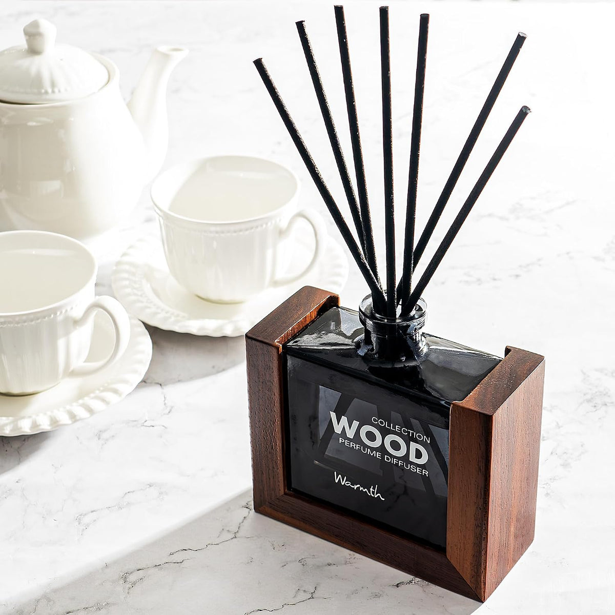 Luxury Reed Diffuser for Home Set with Scented Sticks and Essential Oil Refill in Glass Bottle, Decorative Wooden Frame – Warmth Fragrance for Bedroom Bathroom Office (5.6oz)