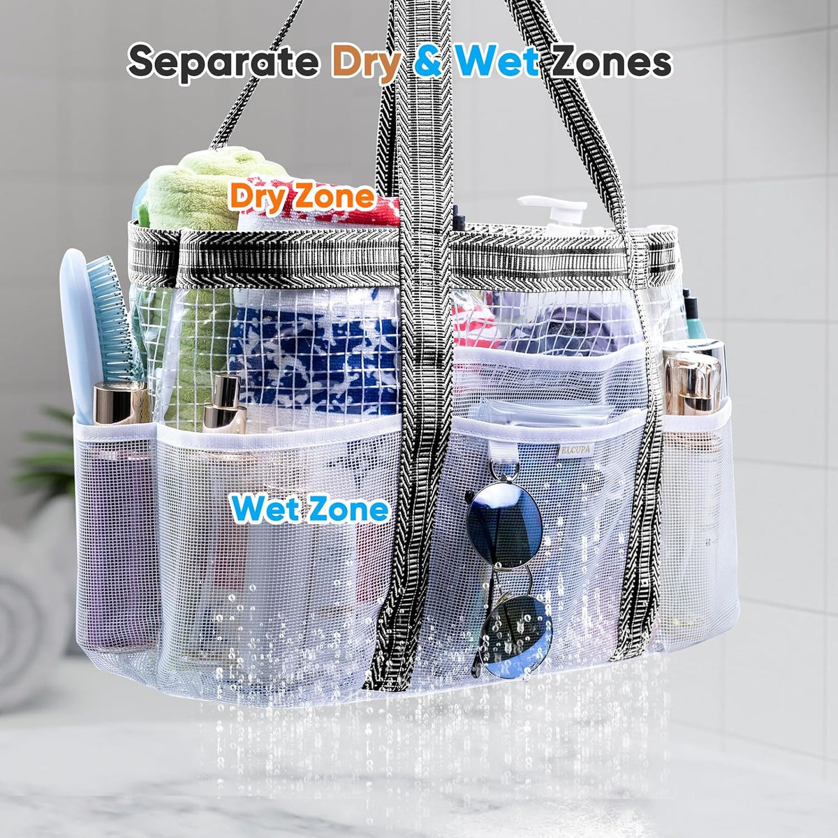 Large Mesh Shower Caddy – Portable ShowerTote with Waterproof Phone Pouch – Quick Dry Shower Bag with Separate Dry & Wet Zones for College Dorm, Gym, Beach Tote, Camping, Travel Essentials