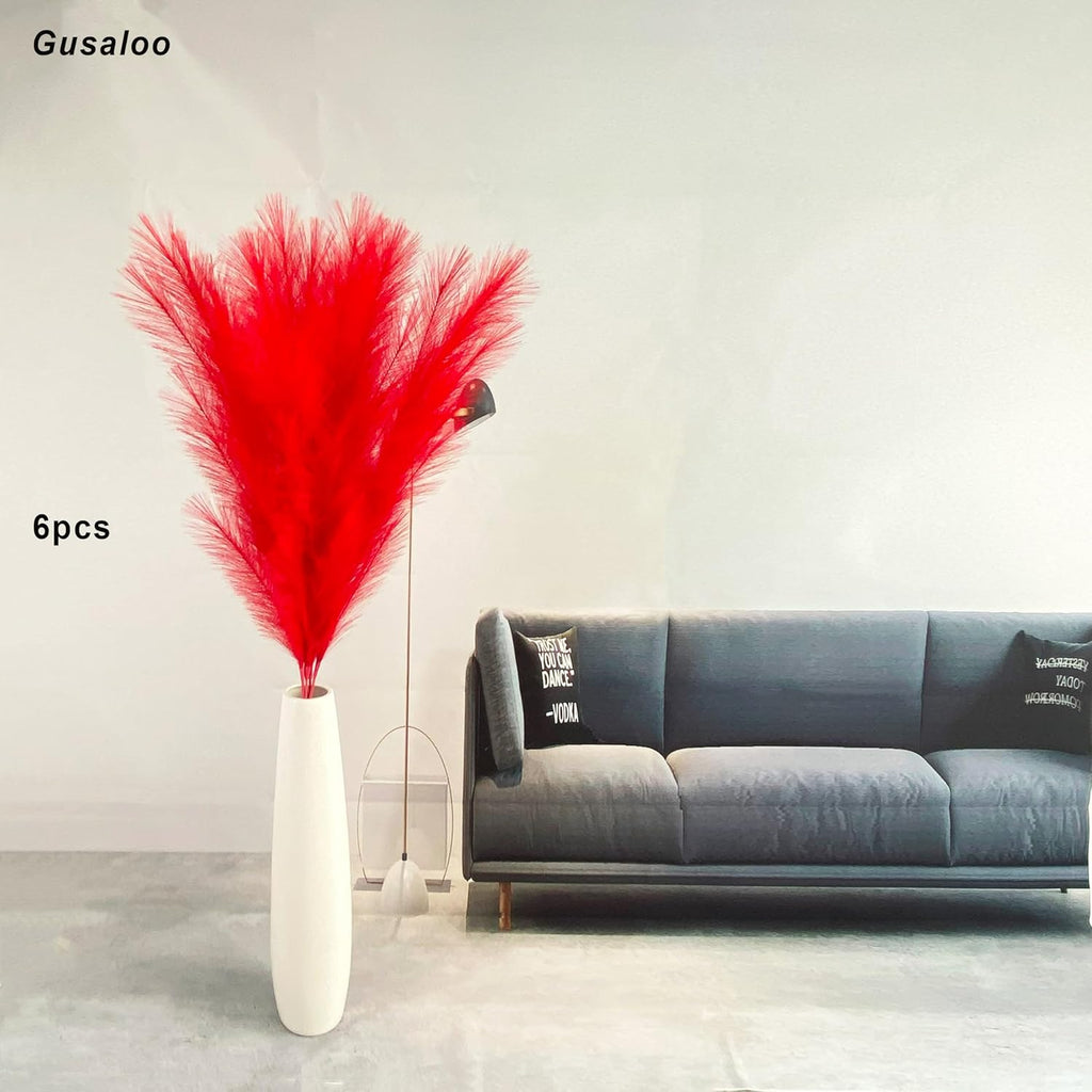 6 Pcs Artificial Pampas Grass Large, 47"/121cm Fake Faux Artificial Pampas Grass Decor Tall Stems Fluffy Pompous Pompass Branch Floor Vase Filler for Home Decor Boho Decor Wedding Red