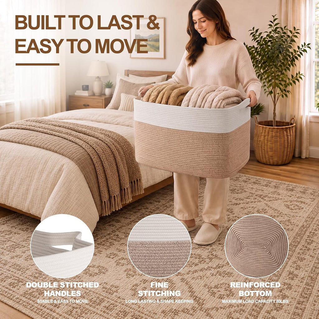 Extra Large Laundry Basket, 95L Blanket Basket for Living Room, Cotton Rope Toy Storage for Kids, Woven Baskets for Clothes, Towels, Pillows, 24" x 17" x 14", Brown and White