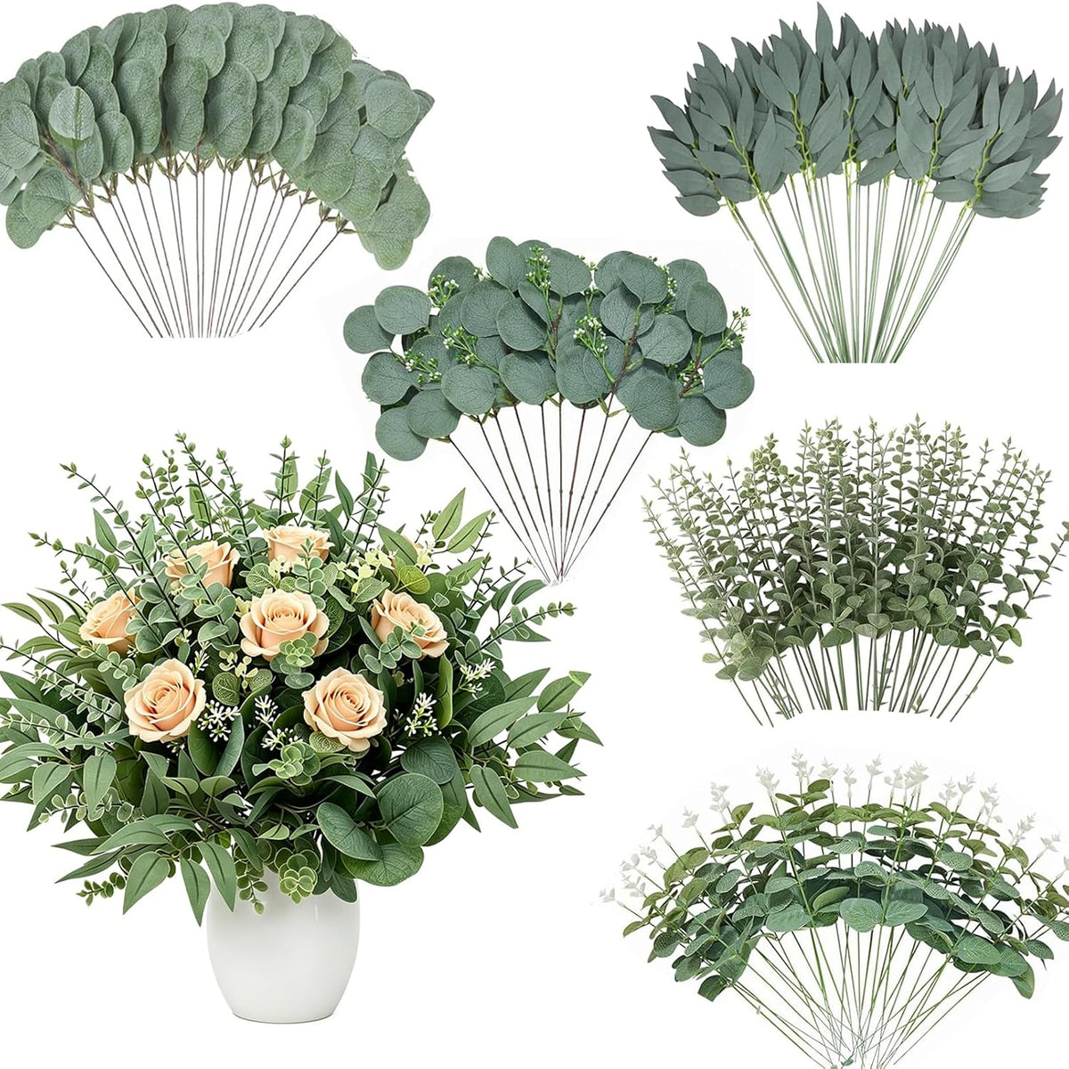 100 Pcs Artificial Mixed Eucalyptus Stems, Faux Greenery Stems for Decor