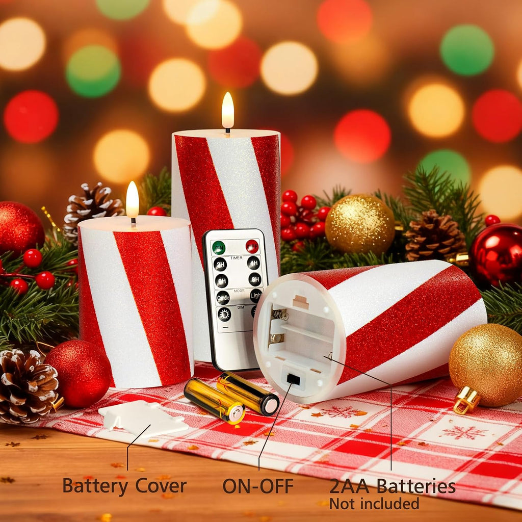 Red Striped Glitter Flameless Candles, Battery Operated LED Pillar Lights with Remote Timer, Real Wax Decorative Candles for Holiday Home Party Decor, Set of 3 (D3 x H4 5" 6")