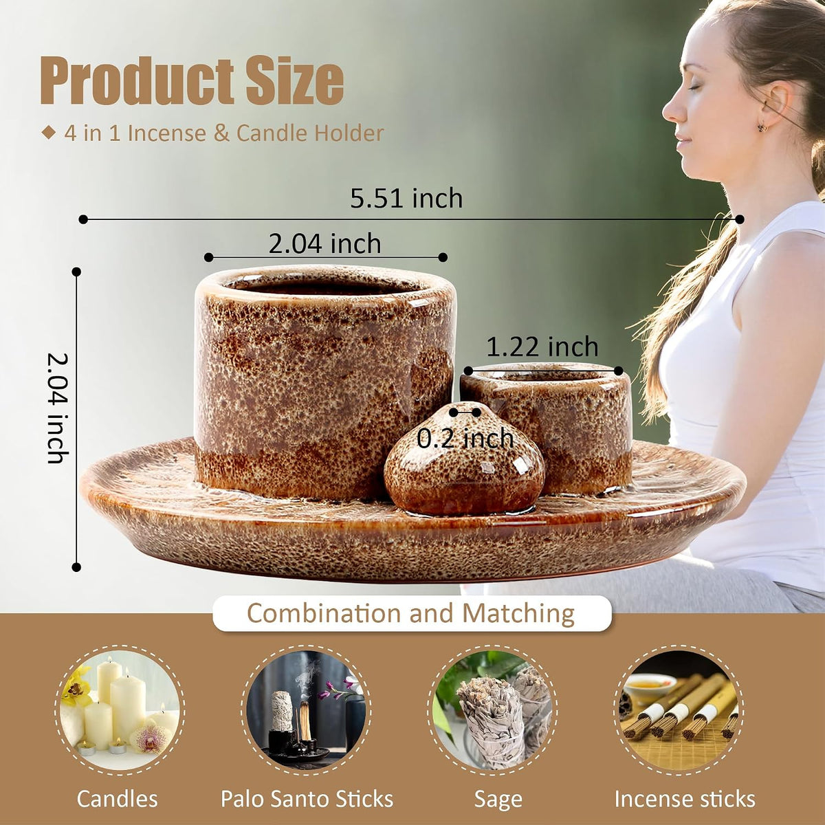 4 in 1 Ceramic Incense Burner, Sage Holder for Burning Bowl, Palo Santo Sticks Holder, Smudge Stick Ash Catcher Tray for Meditation Yoga Room (White)