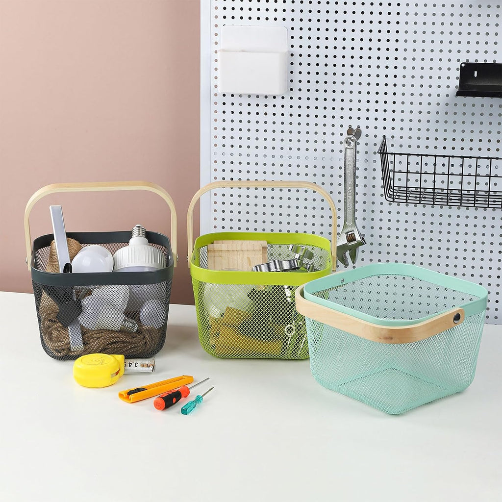 Coloful Metal Mesh Wire Basket with Foldable Wooden Handle,Bin Garden Fruit Vegetable Storage Hanging Harvest Holder for Kitchen Bathroom Picnic (Bluegray, Cuboid & Cube)