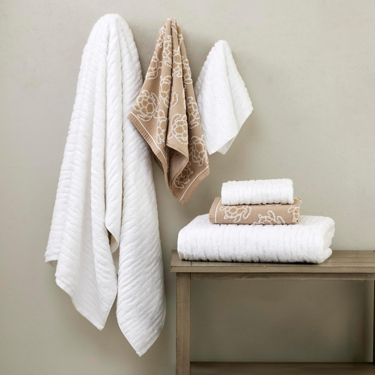SKL Home CloudSoft/Turtle Sculpted Bath Towel Set-6pc, Coastal, White/Taupe