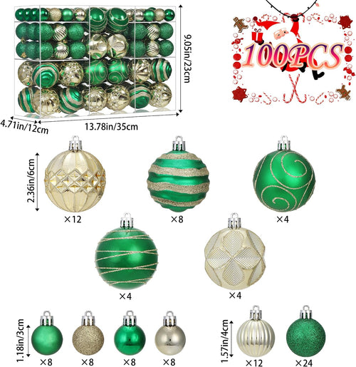 100Pcs Green and Gold Christmas Ornaments Set 2.36" Xmas Tree Decorations