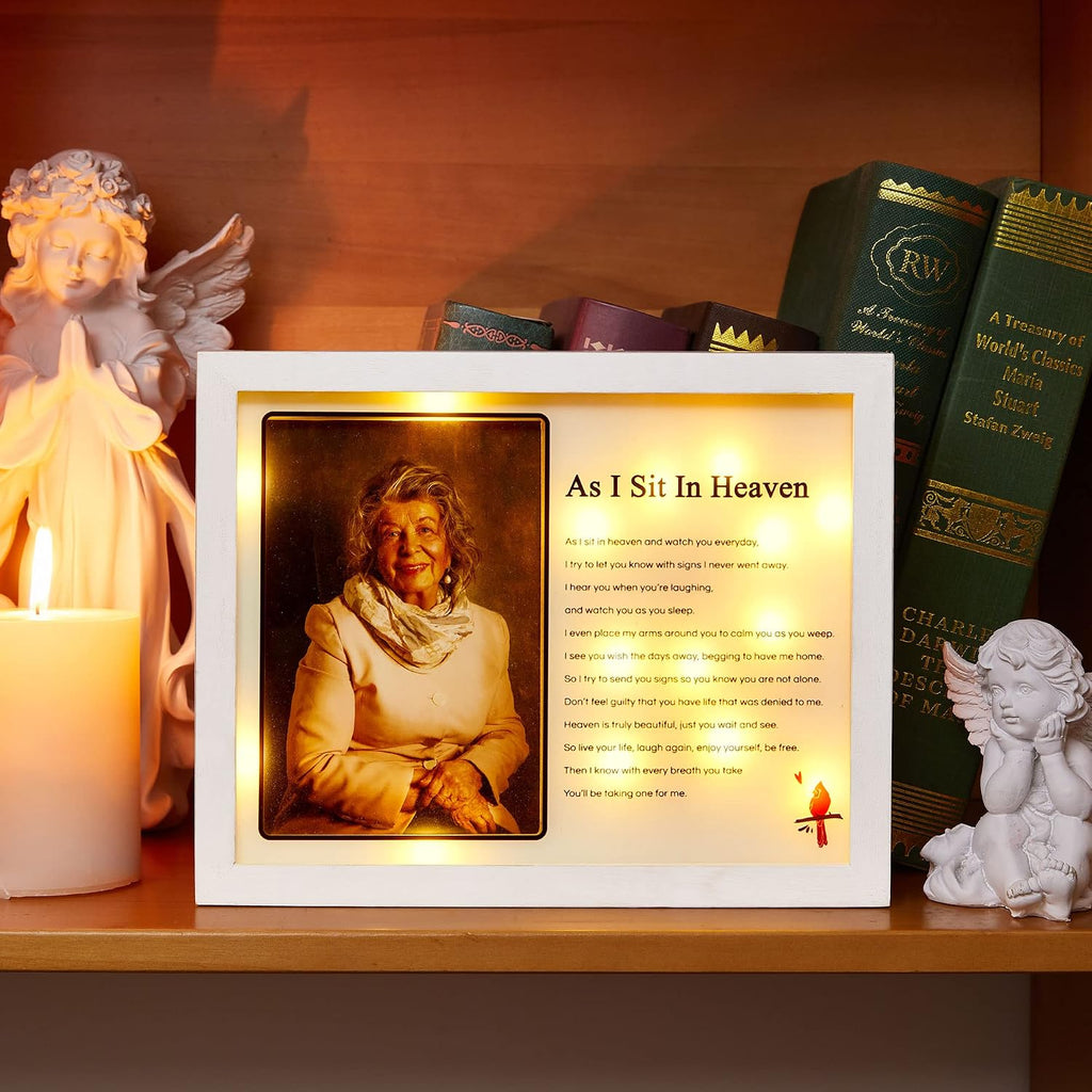 WOODEXPE Sympathy Gift LED Memorial Shadow Box Memorial Picture Frame for Loss of Loved One 4x6 Photo (As I Sit in Heaven White)
