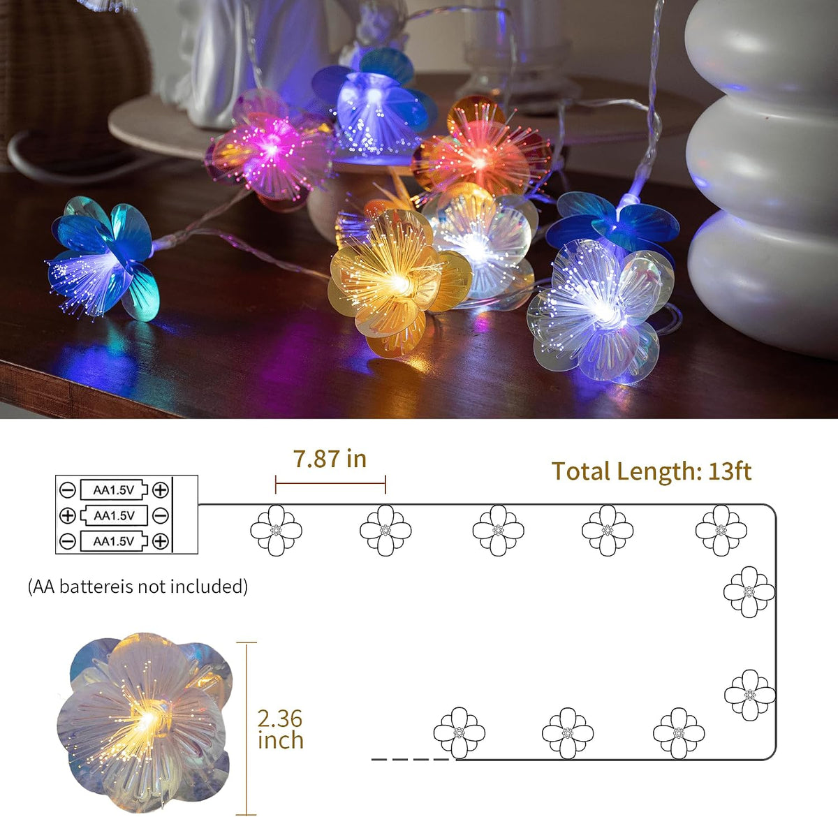 YOLIGHT Fiber Optic Flower String Lights Battery Operated Remote Timer 13ft