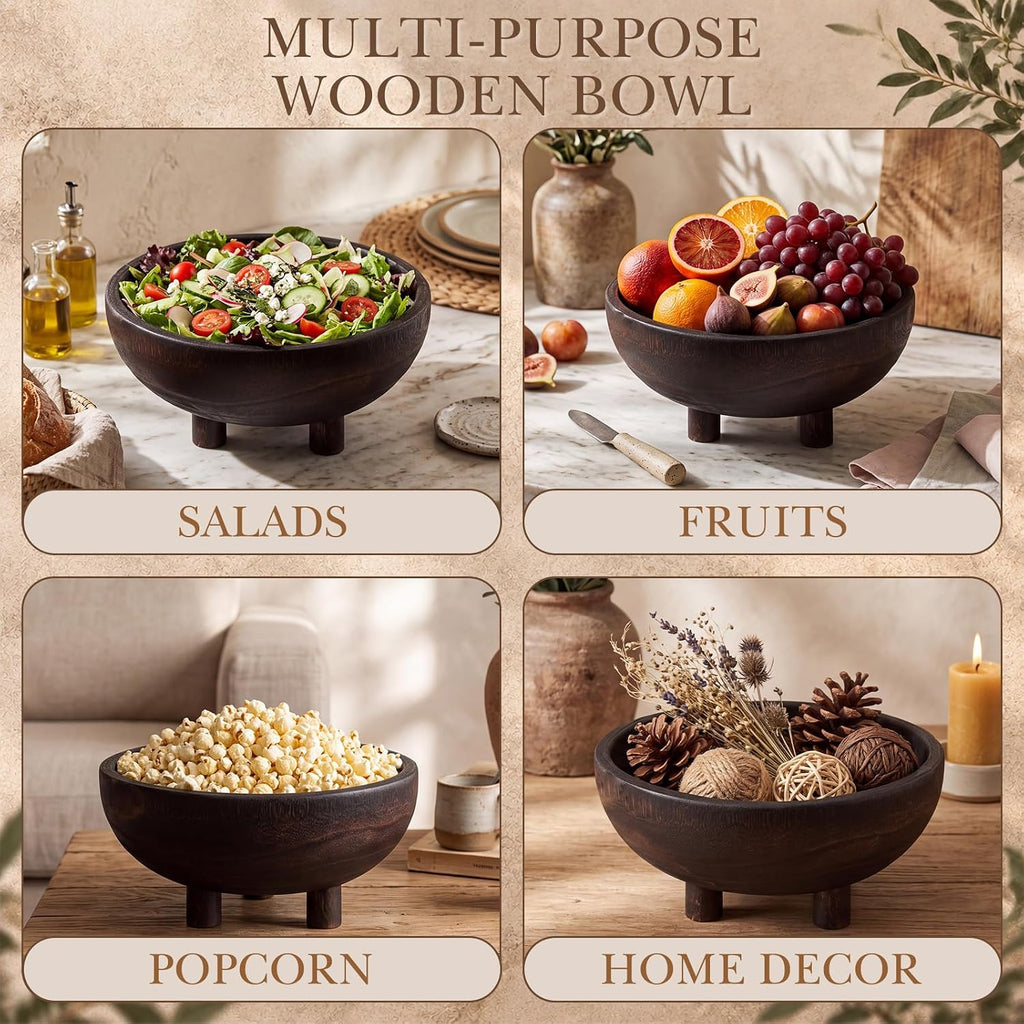 Brown Wooden Fruit Bowl with 4 Legs for Kitchen Counter