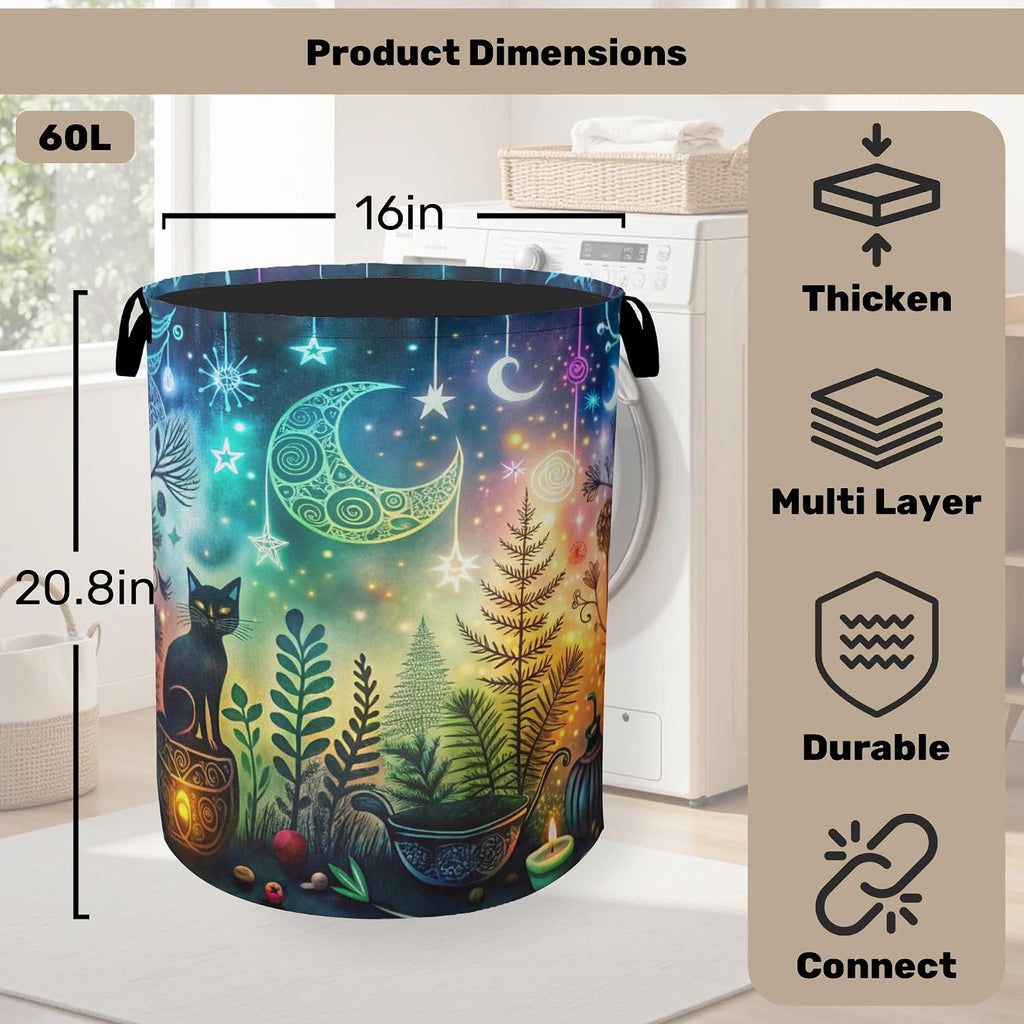 Gothic Black Cat Halloween Laundry Basket - Heavy Duty 60L Dirty Clothes Organizer, Water Resistant Foldable Hamper for Men Women