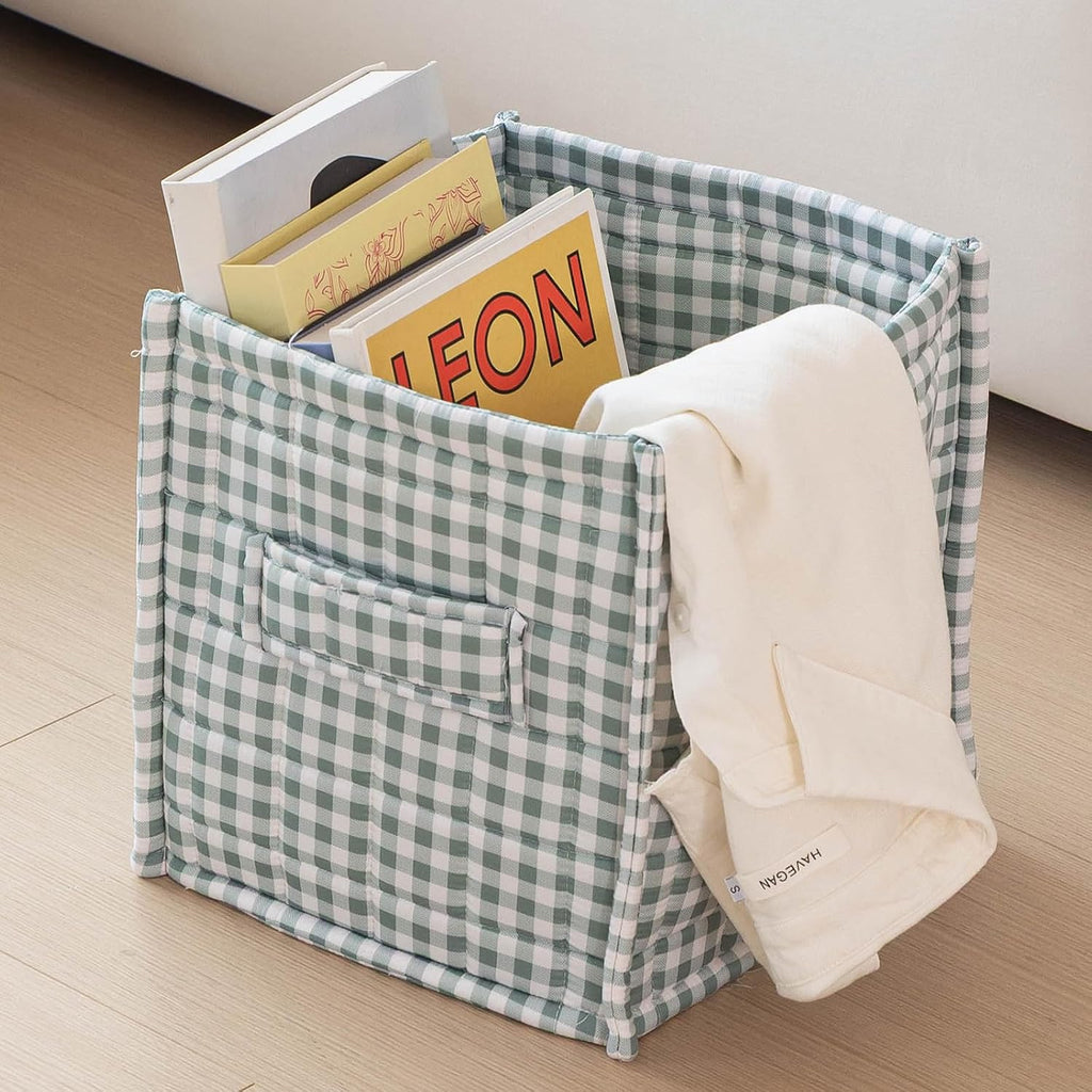 vctops Green Gingham Storage Cubes Organizer, 11.4 Inch 3 Pack Collapsible Fabric Storage Bins with Handles for Organization, Closet, Shelves, Offices, Toys (Green,11.4"x11.4"x11.4")