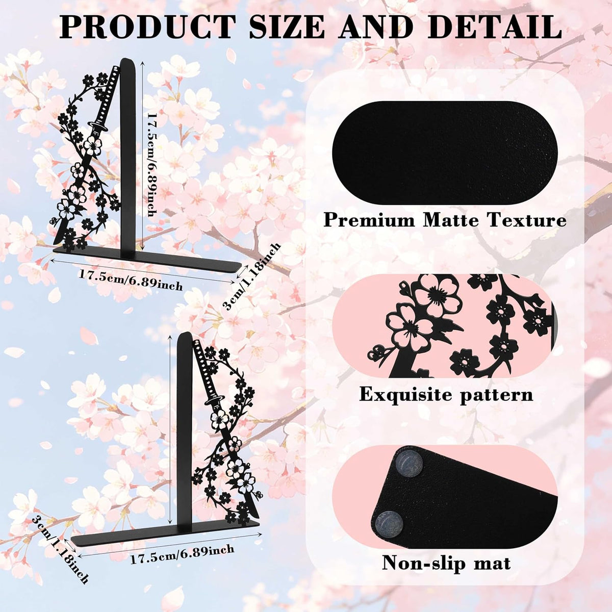Set of 2 Metal Japanese Cherry Blossom Samurai Sword Bookends, Anime Book Ends for Home Office Library Bedroom Bookshelf, Unique Decorative Gifts for Men Childrens Japanses Culture Enthusiast