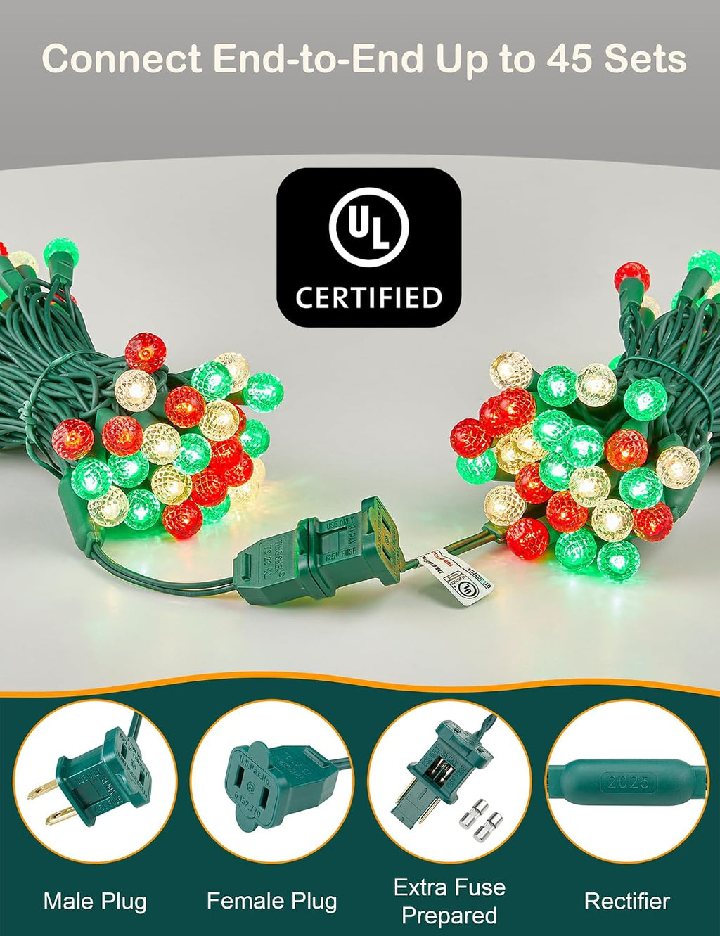 BOHON Christmas Lights String 17FT 50 LED Faceted G15 Red White and Green