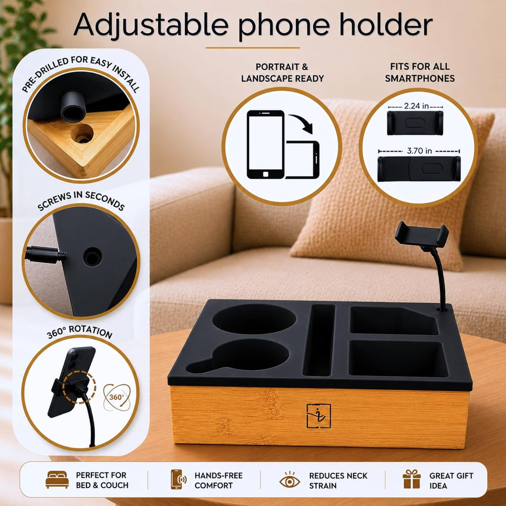 Couch Caddy with Cup Holder | Wood Couch Cup Holder Tray for Drinks, Snacks & Remotes | Sofa Couch Organizer with Phone & Cup Holder Tray (Black)