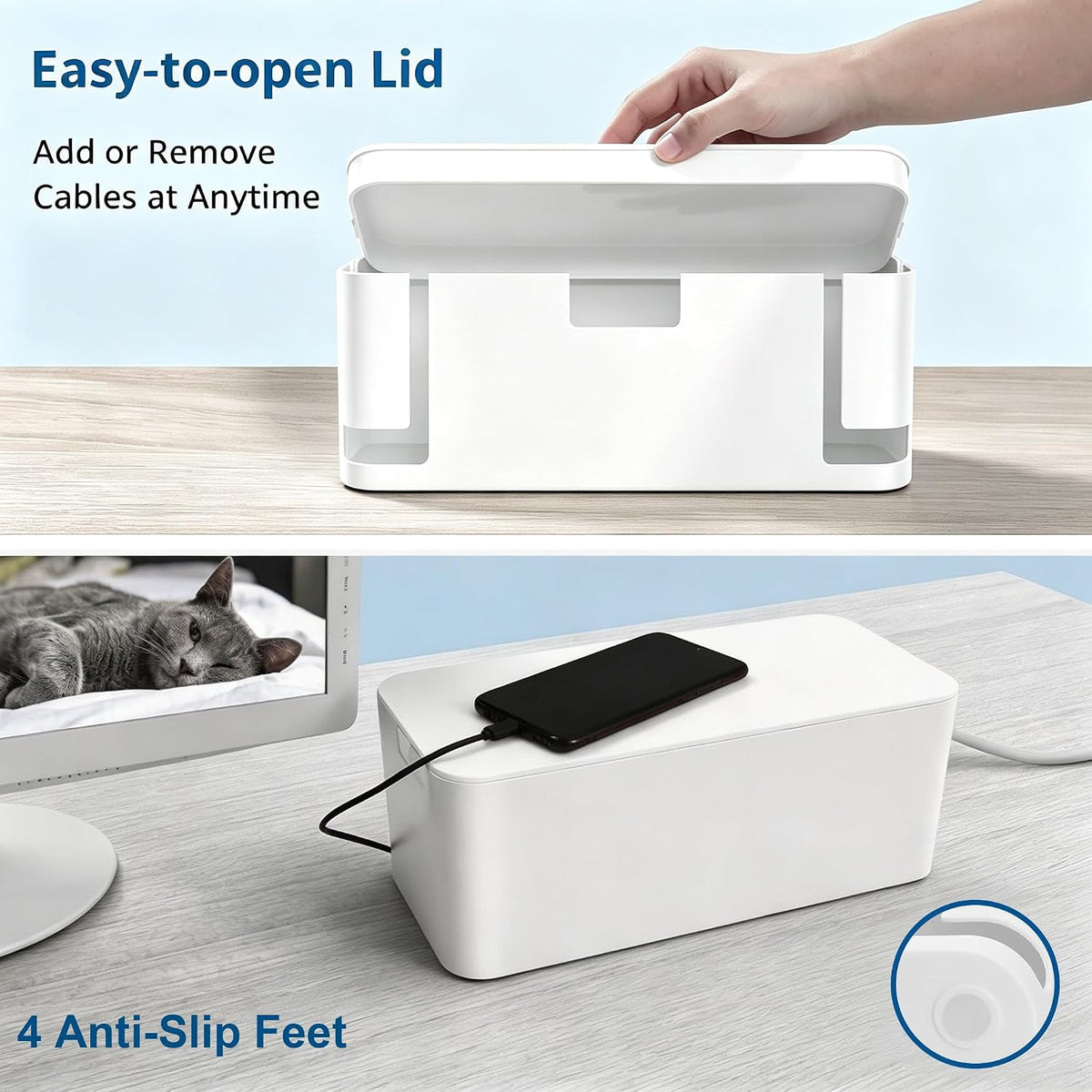 ZhiYo 2 Pack Cable Management Box, Medium & XL, Power Strip Organizer White