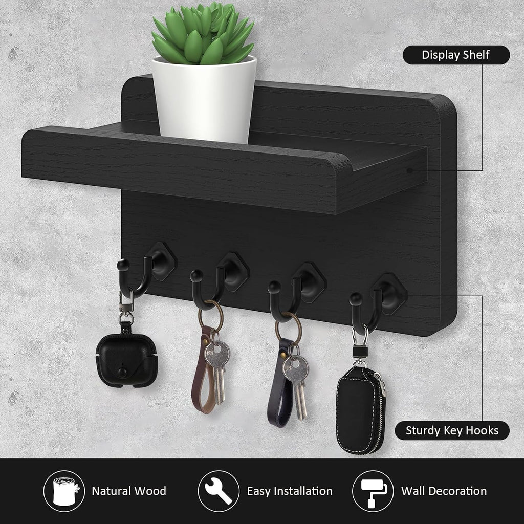 Nekon Key Holder Wall Mount, 8.5 Inch Small Wooden Wall Organizer, Black
