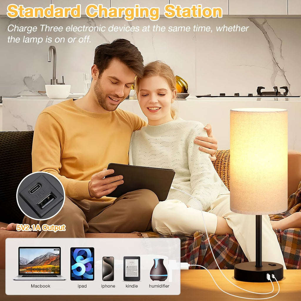 Dicoool 17.4" Bedside Lamp for Bedroom - Dimmable Touch, USB A+C, AC Outlet