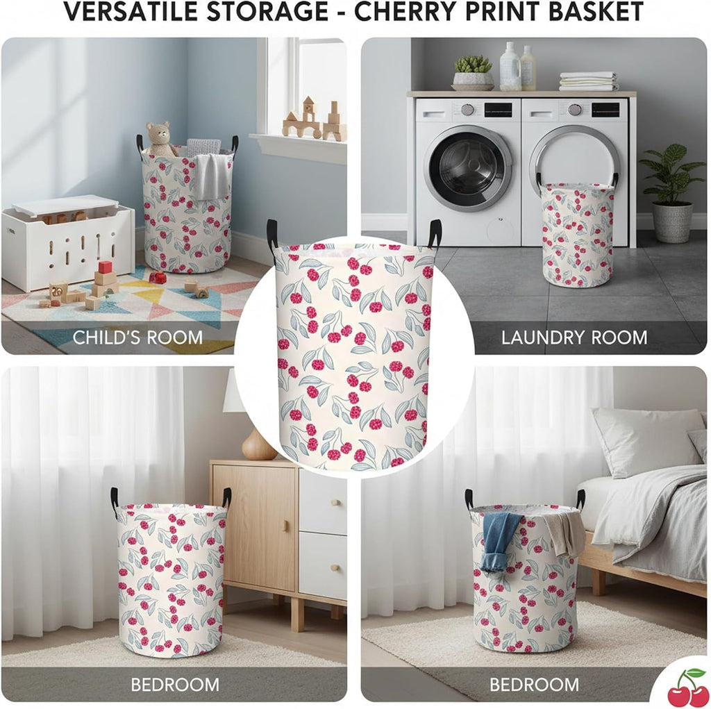 Cute Girls Baby Laundry Basket Kids Clothes Gift Hamper Nursery Cherry Room Decor (Blue Leaf Dot Cherries)