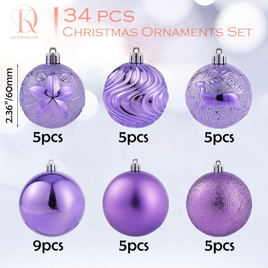 34ct Light Purple Christmas Ball Ornaments Shatterproof Plastic Christmas Tree Decorations for Xmas Party Home Office Holiday Decor -Medium Size (2.36"/ 60mm)