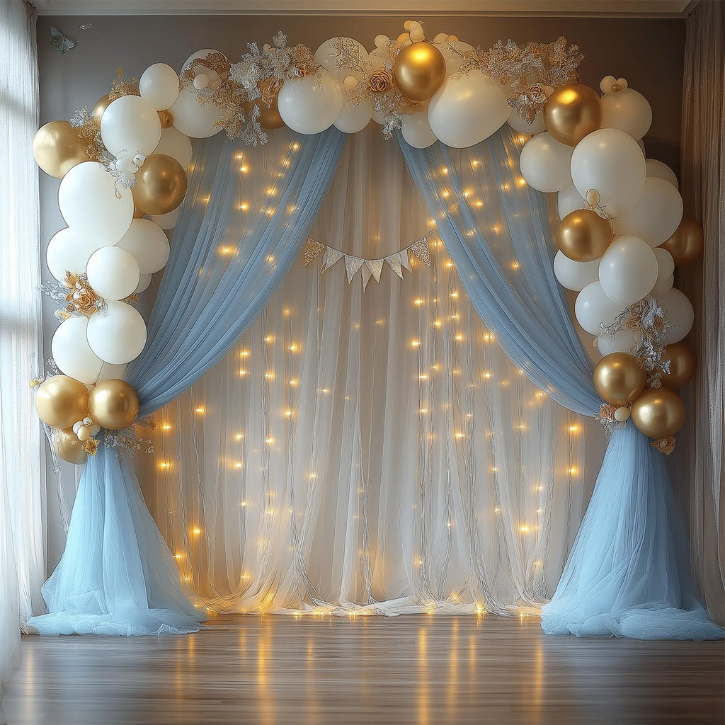10x10ft Baby Blue Tulle Backdrop Curtain with Lights String Sheer Drapes for Baby Shower Decorations for Boy, Bridal Shower, Photo Booth, Birthday Party Decor(2 Panels)