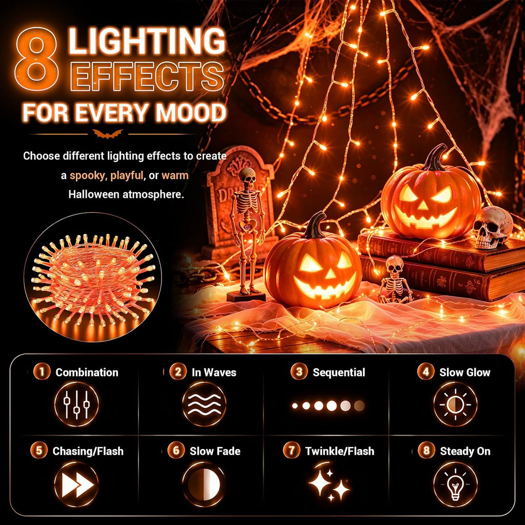 Orange String Lights, 32FT 100 LED Plug in Halloween Lights Outdoor Indoor,