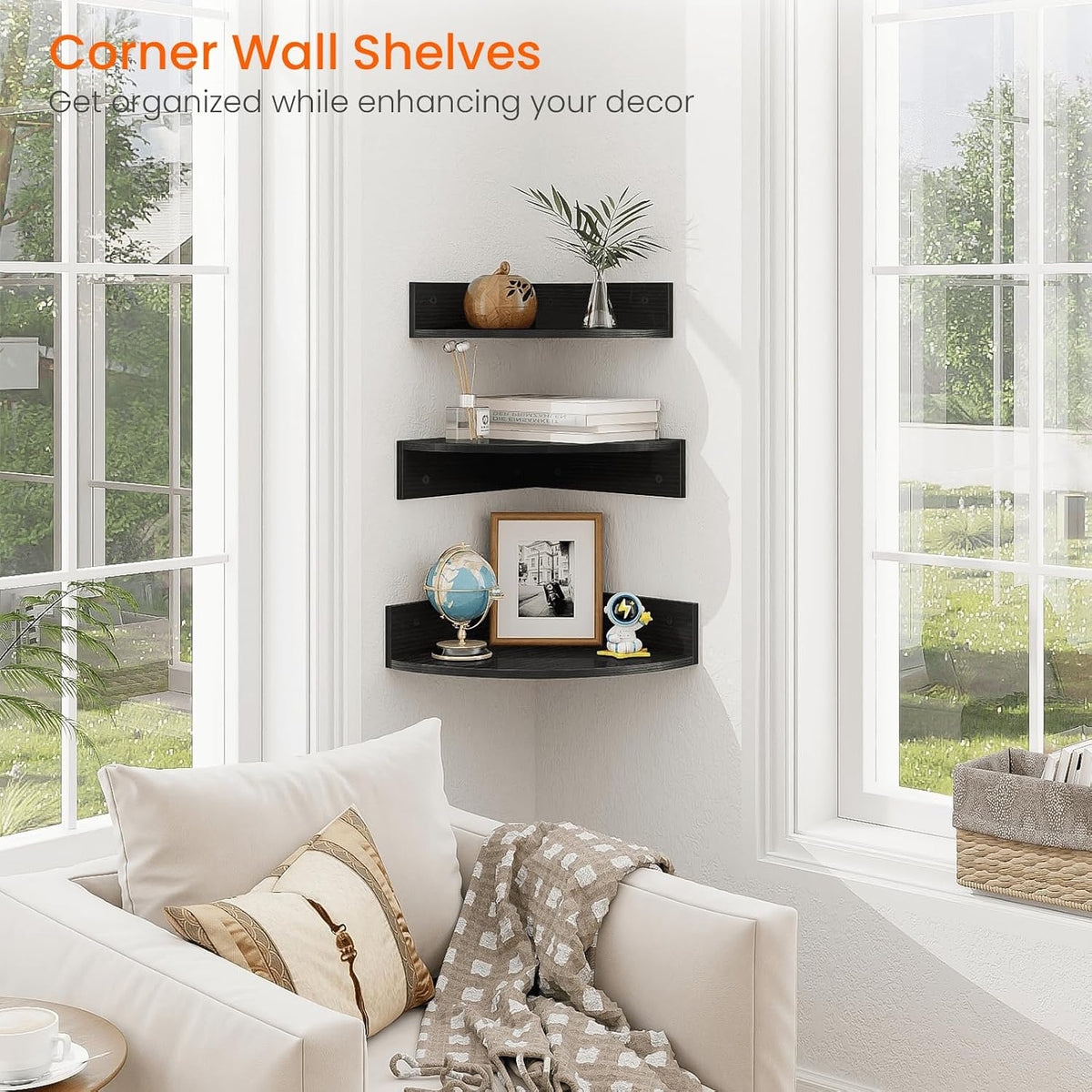 Homode Corner Floating Shelves, Set of 3 Corner Shelves Wall Mounted with Cable Hole, 3 Tier Wooden Hanging Corner Storage Shelf for Bedroom, Living Room, Kitchen, Black