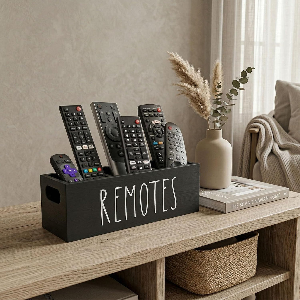 Remote Control Holder, Farmhouse Remote Storage Caddy, Bedside TV Controller Box, Rustic Wood Media Organizer Tray for Home Bedroom Table (Black)