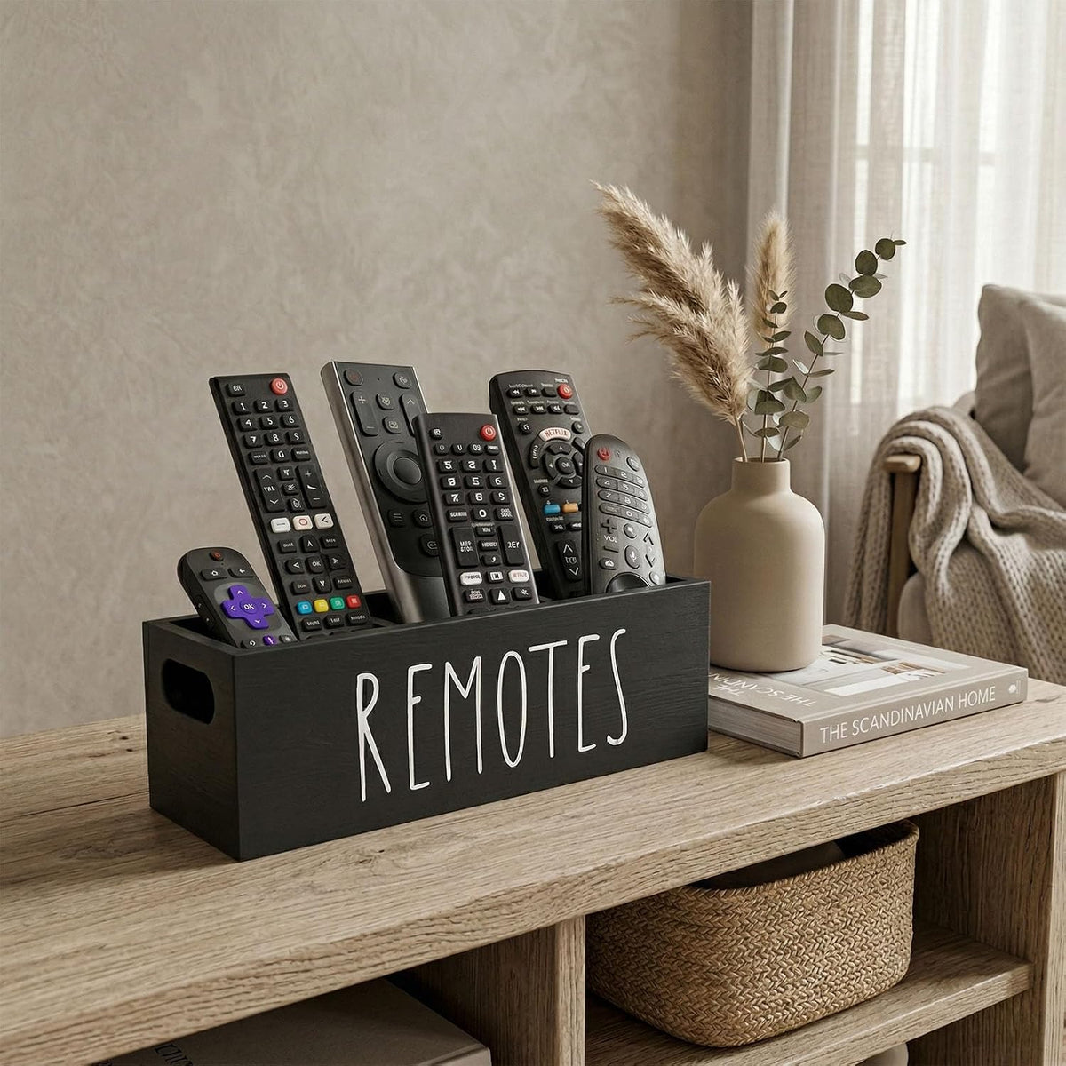 Remote Control Holder, Farmhouse Remote Storage Caddy, Bedside TV Controller Box, Rustic Wood Media Organizer Tray for Home Bedroom Table (Black)