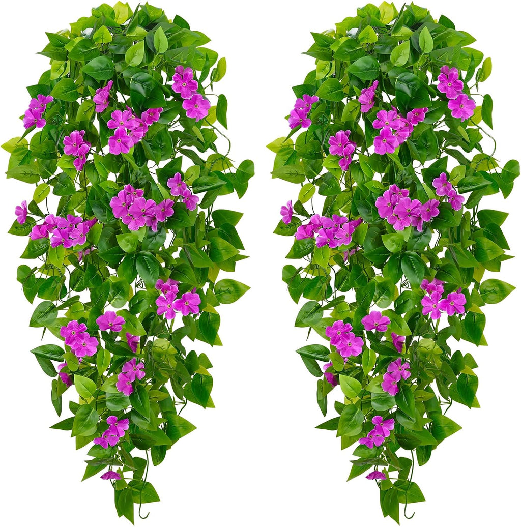 BLEUM CADE Artificial Hanging Flowers for Outdoors, 2pcs Fake Hanging Plants Pothos Vines with Purple Flowers for Wall Home Living Room Indoor Outdoor Decor (No Baskets)