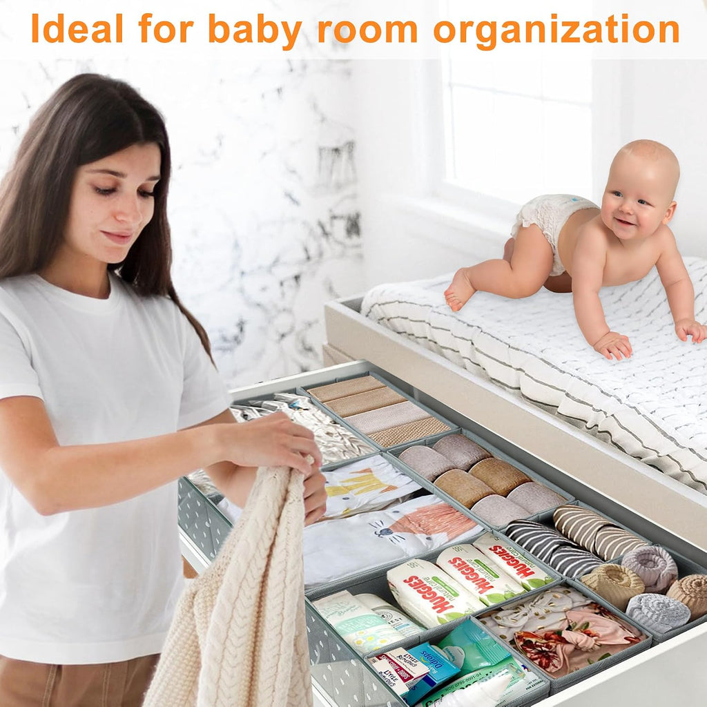 12 Pack Baby Clothes Organizer for Nursery Drawer - Foldable Fabric Dresser Dividers & Storage Bins for Diapers, Onesies, Accessories - Mydou Tidy Grey Heart Decorative Organizers