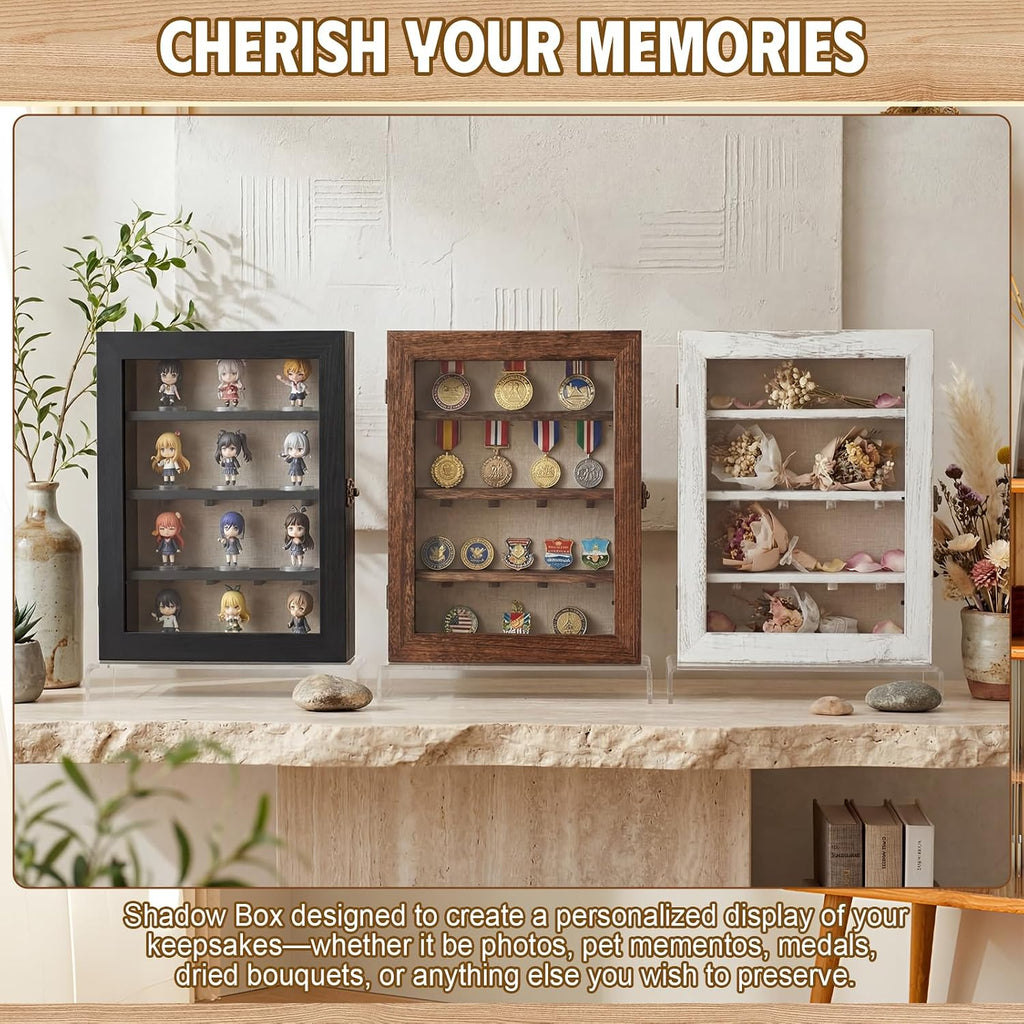 Gerrii Shadow Box Display Case 11 x 13 - Deep 5 Inch Wooden Picture Frame with Linen Back, Removable Shelves, Wooden Memory Case for Wedding Bouquets, Photos, Medals & Keepsakes, White