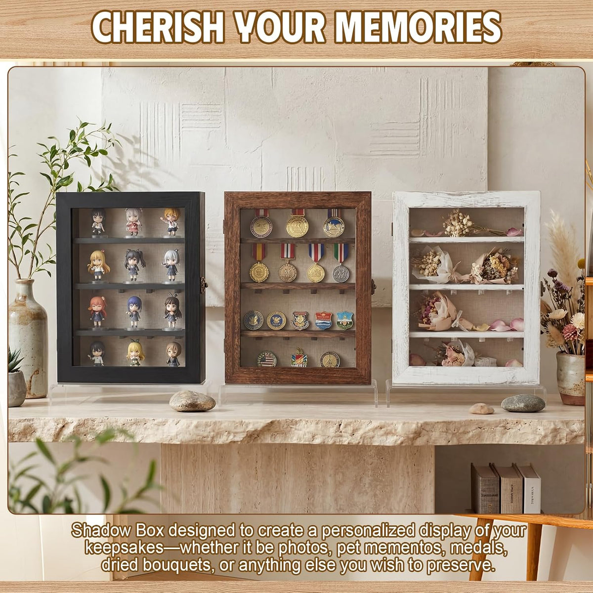 Gerrii Shadow Box Display Case 11 x 13 - Deep 5 Inch Wooden Picture Frame with Linen Back, Removable Shelves, Wooden Memory Case for Wedding Bouquets, Photos, Medals & Keepsakes, White