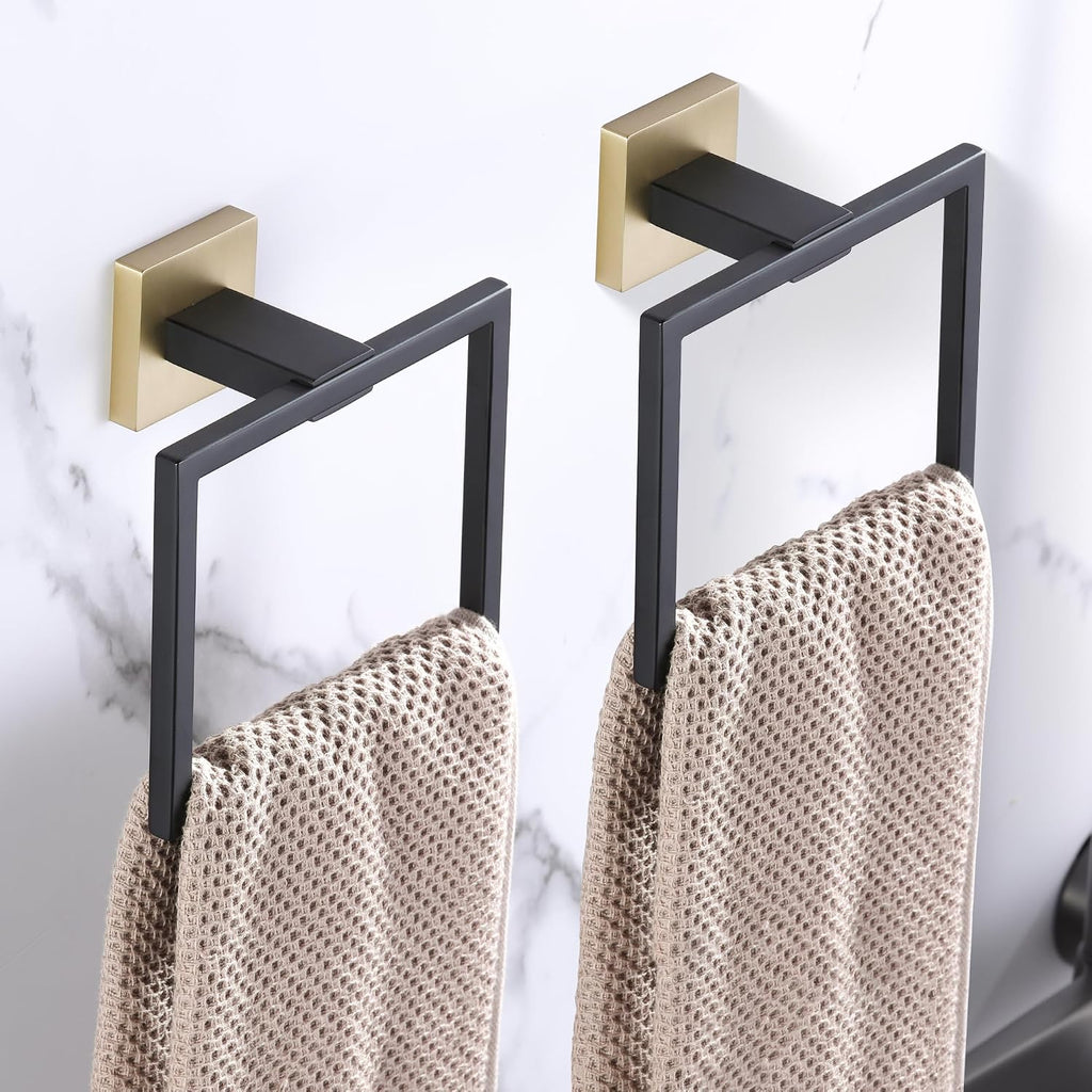 LANC Hand Towel Holder for Bathroom Wall Mount Matte Black and Brushed Gold Square Hand Towel Holder for Bath Lavatory SUS304 Stainless Steel Modern Style Shower Towel Towel Racks Hanger, A8896GK