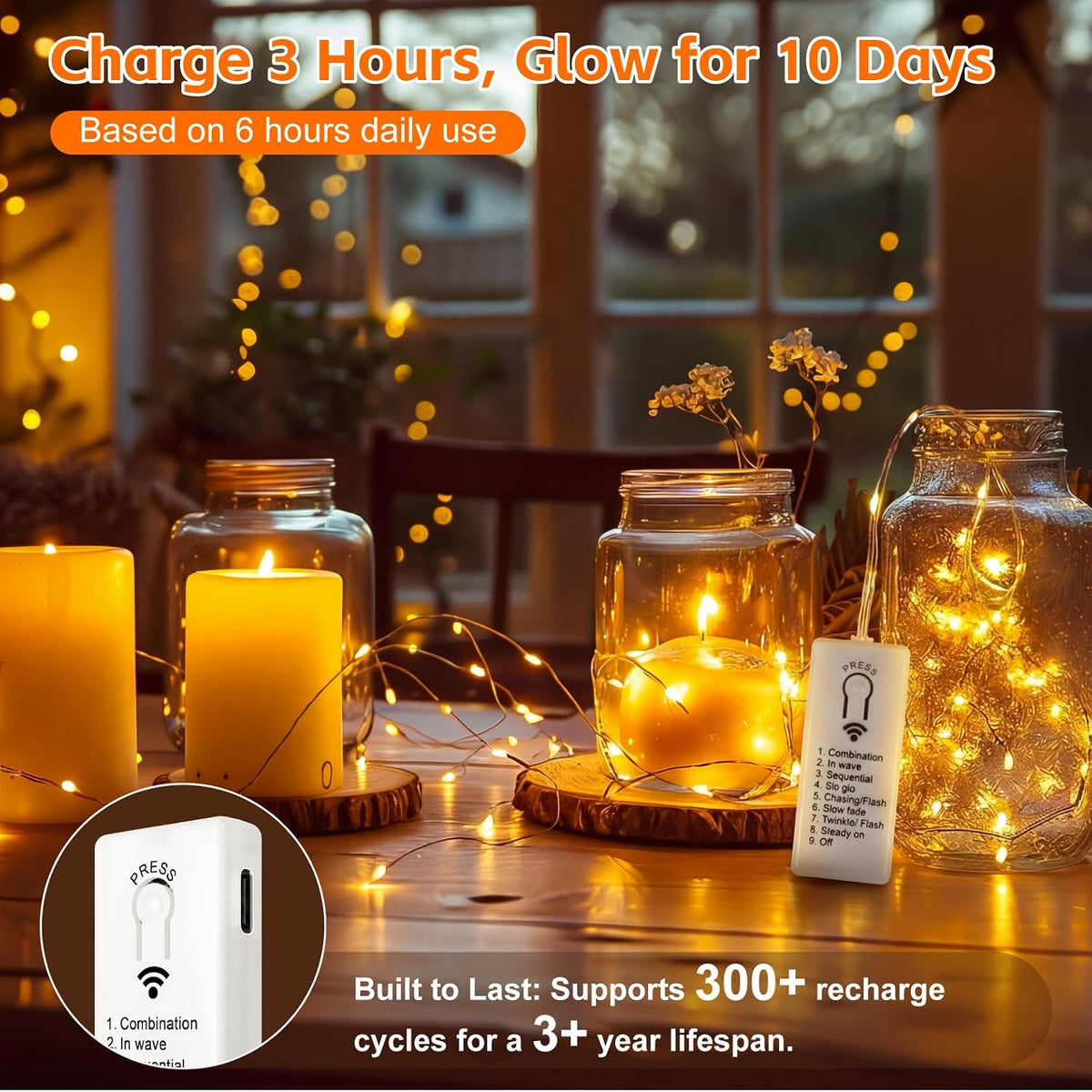 6 Pack Rechargeable Fairy Lights,7ft 20LEDs, Remote & DIY Timer